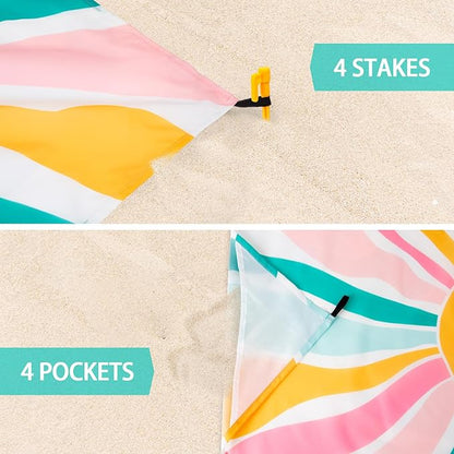 Beach Blanket Waterproof Sandproof, Large Picnic Blankets with Stakes and Storage Bag, Lightweight Quick Drying, Compact Beach Mat Vacation Essentials for Outdoors, Camping, Trips-Spring Sunshine