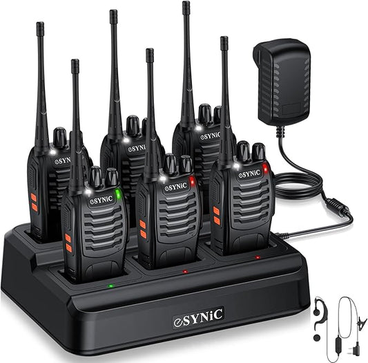 eSynic 6Pack Walkie Talkies 5KM Long Range Walky Talky Rechargeable Long Battery Life 16 Channel Walkie Talkie with Original Earpiece Durable Walkie Talkies Built-in Flashlights for Camping Family Use