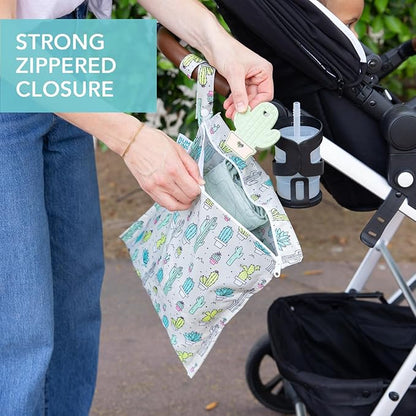 Bumkins Waterproof Wet Bag for Baby, Travel, Swim Suit, Cloth Diapers, Pump Parts, Pool, Beach, Gym Clothes, Toiletry, Hook to Stroller, Daycare, Zipper Reusable Wetdry Packing Pouch, Cactus Green