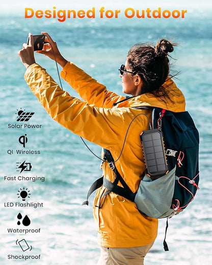Riapow Solar Power Bank 26800mAh - Wireless Portable Charger with USB C Input/Output Fast Charge - 3.0A Solar Charger External Battery with Flashlight for Phone, Tablet and Camping Outdoors