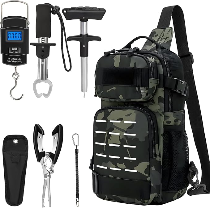 THKFISH 7Pcs Fishing Backpack with Fishing Pliers Kit, Tactical Fish Sling Tackle Bag Included Fishing Tackle kit, Digital Fishing Gear Weight Scale, Fish Hook Remover Tools