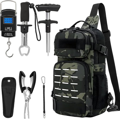 THKFISH 7Pcs Fishing Backpack with Fishing Pliers Kit, Tactical Fish Sling Tackle Bag Included Fishing Tackle kit, Digital Fishing Gear Weight Scale, Fish Hook Remover Tools