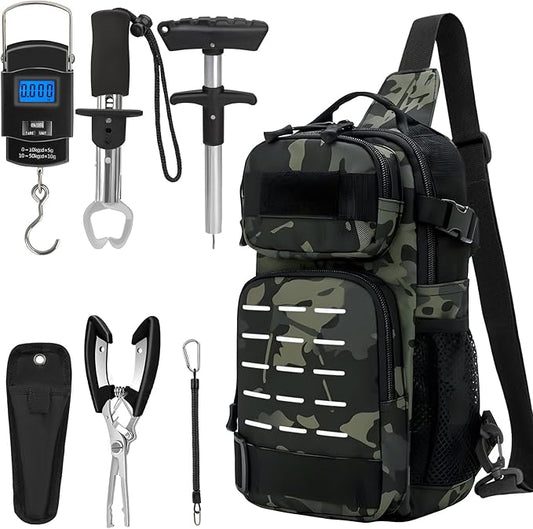 THKFISH 7Pcs Fishing Backpack with Fishing Pliers Kit, Tactical Fish Sling Tackle Bag Included Fishing Tackle kit, Digital Fishing Gear Weight Scale, Fish Hook Remover Tools