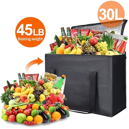 Bodaon 3-Pack Insulated Reusable Grocery Shopping Bag, X-Large Frozen Food Cold, Cooler Bags with Zippered Top, Insulated Food/Pizza Delivery Bag, Black