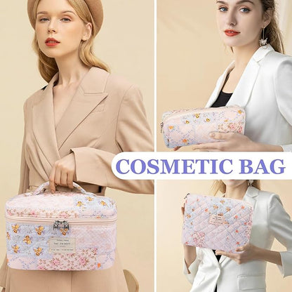 Makeup Bag Set, Quilted Makeup Bag, Large Floral Cosmetic Bag for Women, Cute Cotton Makeup Bags, Flower Travel Toiletry Organizer Bag (Folk Style)