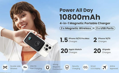 Magnetic Portable Charger for iPhone, 10800mAh 4-in-1 Wireless Power Bank with iWatch Charger, 25W PD Fast Charging Battery Pack with LCD Display for Magsafe,iPhone 16/15/14/13/12 Series,Apple Watch