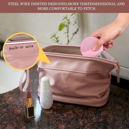 Abiudeng Large Capacity Makeup Bag Ladies Cosmetic Bag Travel Bag with Compartments Portable PU Leather Travel Makeup Bag with Handle
