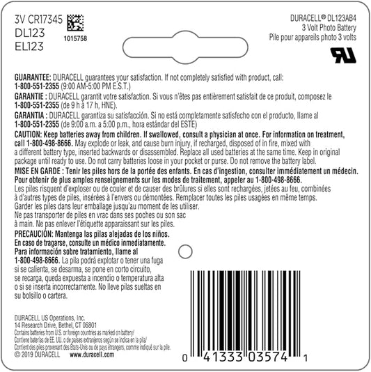 Duracell CR123A 3V Lithium Battery, 4 Count (Pack of 1), 3 Volt High Power for Home Safety, Security Devices, Flashlights, Smoke Alarms, Home Automation