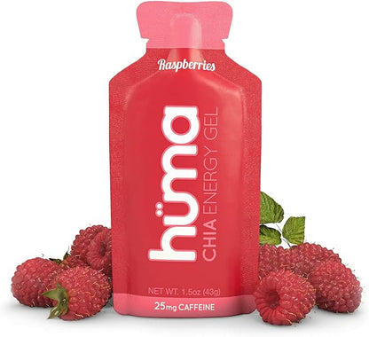 Huma Chia Energy Gel, Raspberries, 24 Gels, 25mg Caffeine - Sports Nutrition for Endurance Exercise