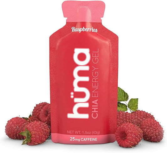 Huma Chia Energy Gel, Raspberries, 24 Gels, 25mg Caffeine - Sports Nutrition for Endurance Exercise