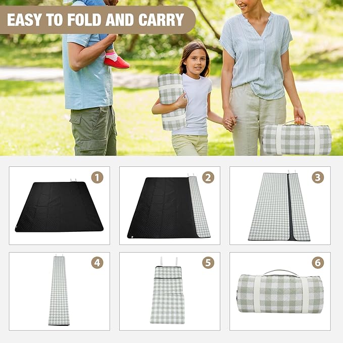 Picnic Blankets Outdoor Extra Large - 80"x80" Portable Waterproof Picnic Blanket, Machine Washable 3-Layer Foldable Park Mat with Sandproof Backing for Grass, Hiking, Travel, Concerts, Indoor (Green)
