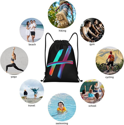 Drawstring Bags Initial Drawstring Backpack Sackpack Black Draw String Cinch Bags for Sports, Gym, Travel, Swimming, Beach, Camping, Rainbow Letter H