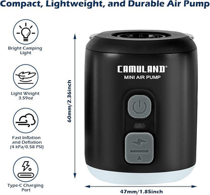 CAMULAND Mini Air Pump with Magnetic Design Camping Lantern Electric Pump for Inflatables with 1400mAh Battery Rechargeable for Air Mattress, Pool Floats,Vacuum Storage Bag