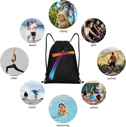 Drawstring Bags Initial Drawstring Backpack Sackpack Black Draw String Cinch Bags for Sports, Gym, Travel, Swimming, Beach, Camping, Rainbow Letter T