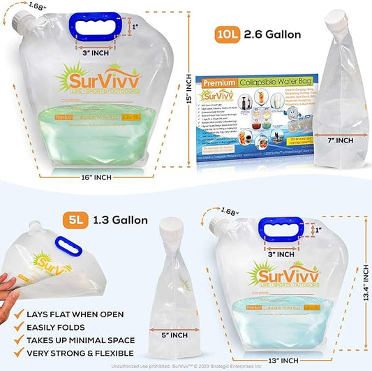 Premium Collapsible Water Container Bag, No-Leak, Freezable, Odorless, Flat Folding, BPA Free Food Grade Clear Plastic Storage bottle for Sports Outdoors Camping Hiking Backpack 1.3/2.6 Gallon