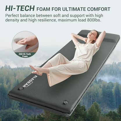 Elegear Self Inflating Sleeping Pad, 3.15" Ultra-Thick Memory Foam Camping Pad with Pillow Fast Inflating in 20s Insulated Camping Mattress Pad 4-Season Camp Sleeping Mat for Camp/Travel/Car/Tent