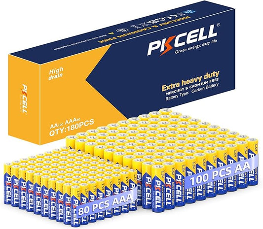 PKCELL AA AAA Batteries Combo Pack 180 Count, 100 Double A Batteries and 80 Triple A Batteries, 1.5V High-Performance Carbon Battery
