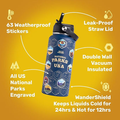 LET'S WANDER National Parks Water Bottle with 3 Lids & 63 Waterproof Stickers - 32oz Leakproof Insulated Stainless Steel with Straw - USA Hiker Gift Bottle (Blue)