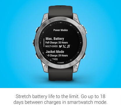Garmin Fenix 7, Adventure smartwatch, Rugged Outdoor Watch with GPS, Touchscreen, Health and Wellness Features, Silver with Graphite Band - 010-02540-00