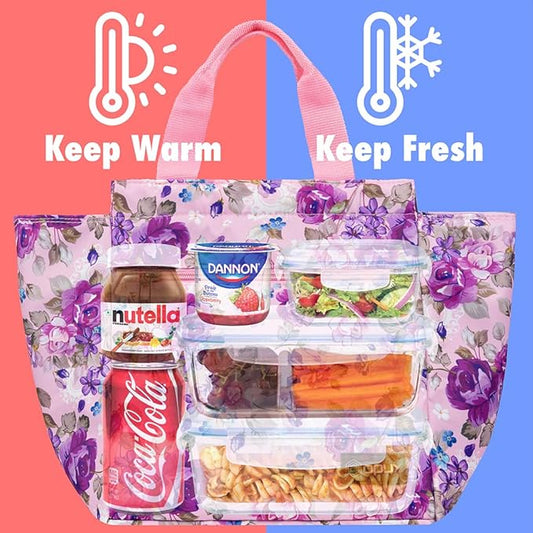 opux Lunch Bag for Women, Insulated Lunch Box Tote for Girls Kids Adult School Work, Reusable Womens Lunch Tote for Office Travel, Cute Small Lunch Tote, Fits 12 Cans - Pink Floral Purple