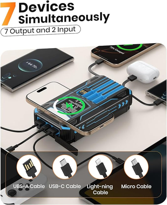 SOARAISE Solar Charger Power Bank - 48000mAh Wireless Portable Charger Built-in 4 Cables and 4 Solar Panels, PD QC 3.0 Fast Charging USB C Battery Pack with Flashlight for Camping Travel (Blue)