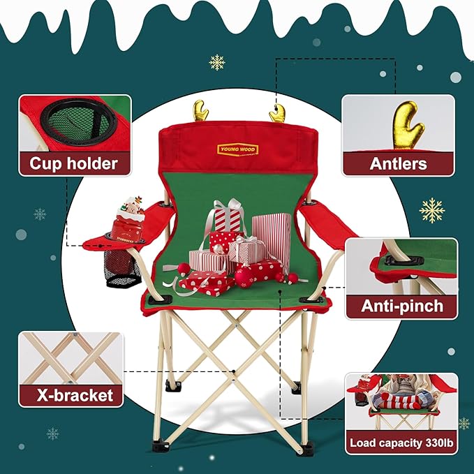 YOUNG WOOD Portable Camping Chair Beach Chair Outdoor Foldable Chair, Included Mesh Cup Holder & Safety Lock to Avoid Pinch Hand, Suitable for Christmas, Camp, Party, with Carrying Bag, Ages 2 to 7