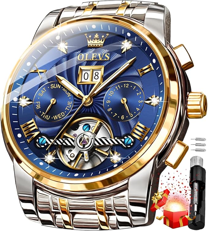 OLEVS Mens Automatic Watches Gold Luxury Diamond Dress Self Winding Mechanical Skeleton Tourbillon Stainless Steel Wrist Watch