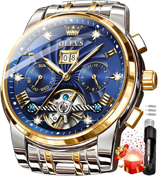 OLEVS Mens Automatic Watches Gold Luxury Diamond Dress Self Winding Mechanical Skeleton Tourbillon Stainless Steel Wrist Watch
