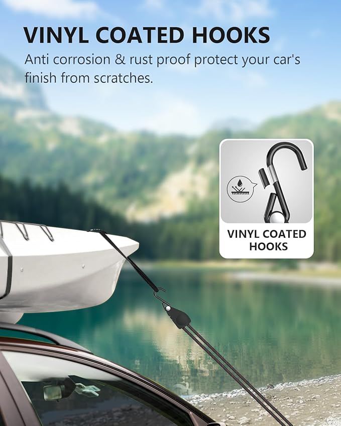Kayak Tie Down Straps Ratchet, Kayak Straps for Secure Canoe to Roof Racks, Hiking Camping, Boating & Water Activities, Heavy Duty Ratchet Pulley Rope Hanger Kayak Accessories 2-Pack 1/4" 12FT