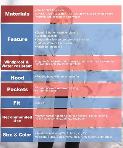 PUREMSX Duck Down Winter Coat for Women Insulated Long Thick Fur Hood Puffer Warm Parka Jacket