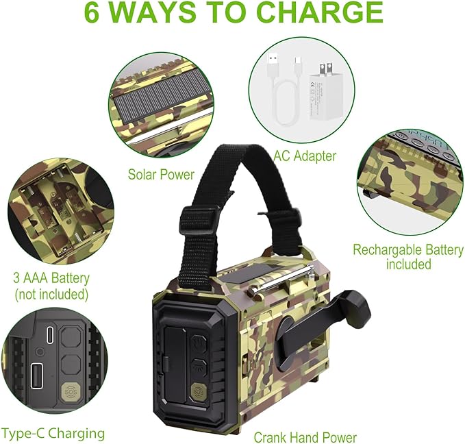 Raynic Weather Radio, 12000mAh Hand Crank Emergency Radio, 6 Ways Powered AM/FM/SW/NOAA Weather Alert Radio with Flashlight, Cell Phone Charger and SOS Siren for Power Outages (Camo-Green-LCD Display)