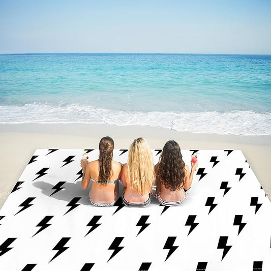 Outdoor Beach Blanket Waterproof Sandproof, 78''×86'' Large Sand Free Beach Mat, Lightweight Portable Picnic Blanket Foldable with 4 Stakes & Pockets for Camping, Hiking Essentials - Black Lightning