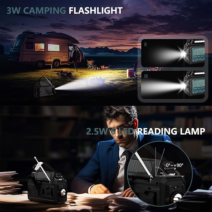 NOAA Emergency Weather Radio with Auto Alerts, 5000mAh Solar Hand Crank AM/FM/SW Shortwave Radio with Flashlight, Reading Lamp, Phone Charger, SOS Alarm, Survival Gear, Time Clock & Large LCD Display