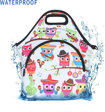 Violet Mist Owl 4 Neoprene Lunch Bag Reusable Insulated Cartoon Meal Holder with Adjustable Shoulder Strap, 12.6"L x 11.8"H x 6.3"W
