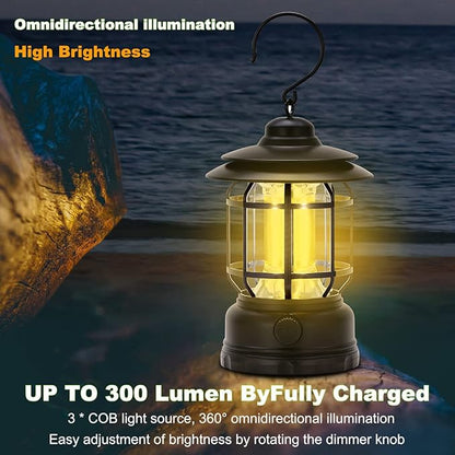 Camping Lanterns Rechargeable, Portable Electric LED Camping Lights Outdoor Hanging Tent Light Vintage Tabletop Lantern Decor Stepless Dimming Waterproof for Camping, Power Outages, Indoor (Black)