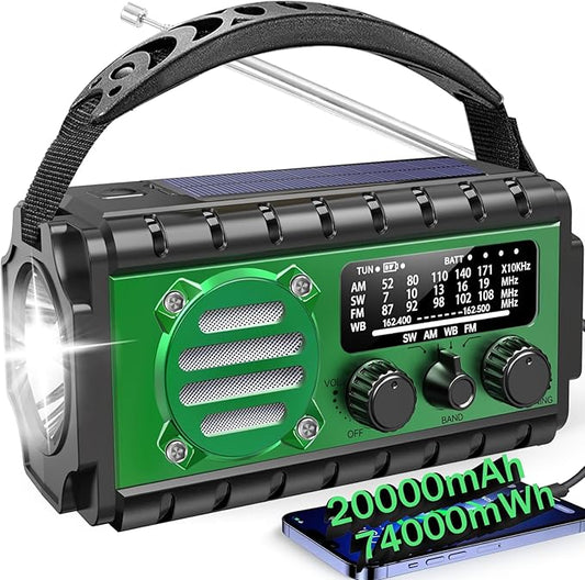 20000mah Emergency Radio, SW/NOAA/AM/FM Weather Radio, Solar Powered Hand Crank Chager with Bige Batery Powered,Portable,Cellphone Charge,SOS,Flashlight for Emergency/Home