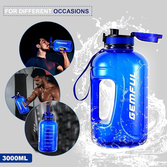 GEMFUL 3L Water Bottle with Straw & Handle, Large Capacity Leakproof BPA-Free Time Marker Motivational Jug for Outdoor Camping Fitness Men & Women (Royal Blue with Removable Straw)