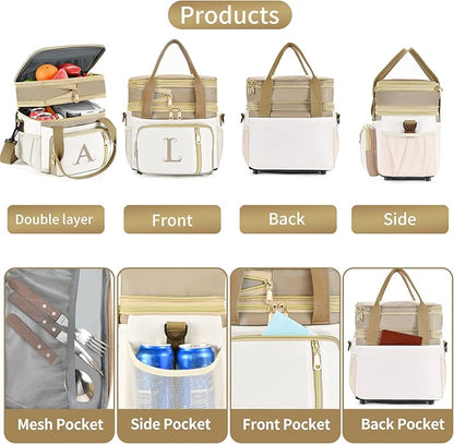 LOKASS Personalized Lunch Bag for Women Work, 16L Initial Insulated Lunch box for Adult/Womens Gift, Leakproof Personalized Gift Lunchbag with Adjustable Shoulder Strap, Cooler Bag Beige - X