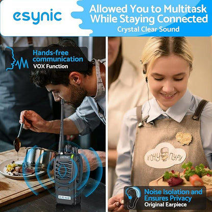 eSynic 4 Pack Professional Walkie Talkies VOX Walky Talky 5KM Long Range 2 Way Radio Rechargeable 16CH Handheld Radio with 4 Headsets for Camping/Hiking/Family/Job Site As Gifts for Kids& Adults