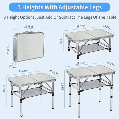 Small Folding Camping Table, Aluminum 3 Adjustable Height Foldable Table, 24" x 16" Portable Lightweight Picnic Table with Mesh Layer for Outdoor Indoor Beach Patio BBQ Backpacking(White)