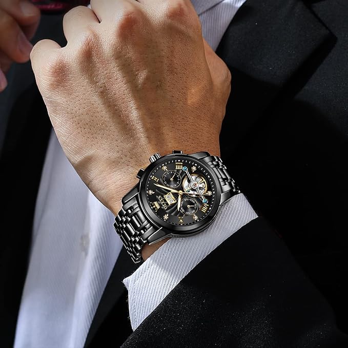 OLEVS Mens Automatic Watches Gold Luxury Diamond Dress Self Winding Mechanical Skeleton Tourbillon Stainless Steel Wrist Watch