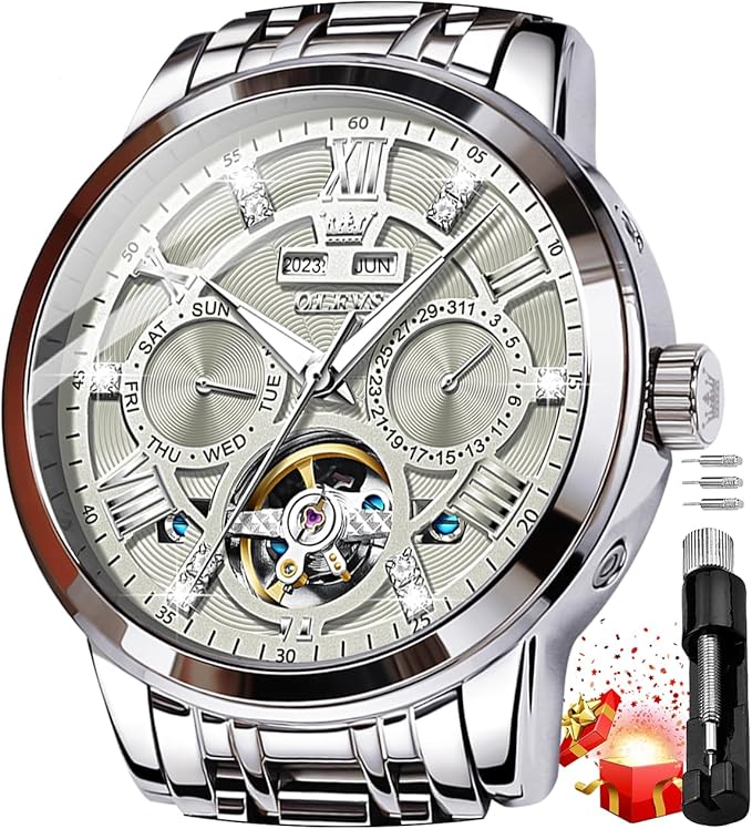 OLEVS Mens Automatic Watches Gold Luxury Diamond Dress Self Winding Mechanical Skeleton Tourbillon Stainless Steel Wrist Watch