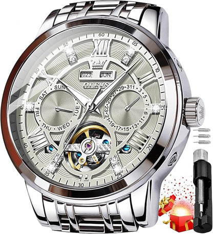 OLEVS Mens Automatic Watches Gold Luxury Diamond Dress Self Winding Mechanical Skeleton Tourbillon Stainless Steel Wrist Watch