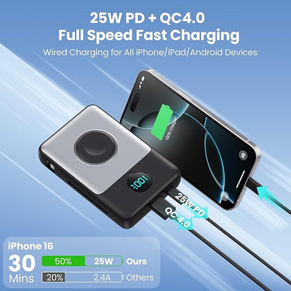 Magnetic Portable Charger 10800mAh for iPhone with Built-in Cables, 6-in-1 Wireless Power Bank with iWatch Charger, LCD Display 25W PD Fast Charging Battery Pack for iPhone 16/15/14/13/12, Apple Watch