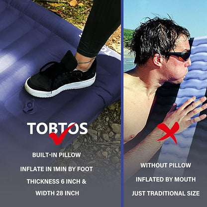 TOBTOS Inflatable Camping Sleeping Pad with Pillow, Thick 6 Inch Ultralight Sleeping Pad with Built-in Pump, Lightweight Sleeping Mat for Camping, Backpacking, Hiking, Tent (Blue)