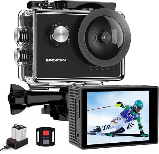 Apexcam 4K 60FPS Action Camera EIS Stabilization 20MP Sports Cam 40M Waterproof Underwater Camera 8X Zoom Support External Mic with Remote Control 2 x 1350mAh Rechargeable Batteries…