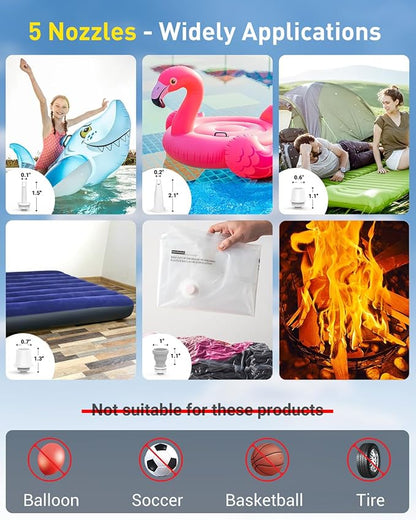 OMQ Portable Air Pump for Inflatables,Electric Air Mattress Pump with Camping Lantern & LED Display, Mini Air Pump 2X Quick Inflate Deflate for Pool Floats, Vacuum Storage Bags