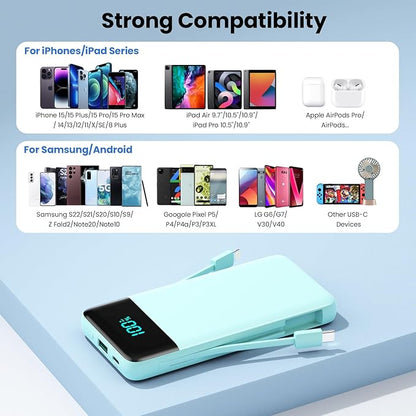 Portable Charger for iPhone with Built in Cables and Wall Plug,Upgraded 13800mAh Fast Charging USB C Power Bank,4 Outputs Travel Essential Battery Pack Compatible with iPhone 15/14/13/12,Samsung-Green