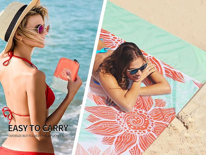Beach Blanket Sandproof Extra Large Beach Mat Adults Waterproof Quick Drying Sand Free Mat Made by Premium Polyester with 4 Stakes & 4 Corner Pockets for Outdoor Travel Camping Hiking