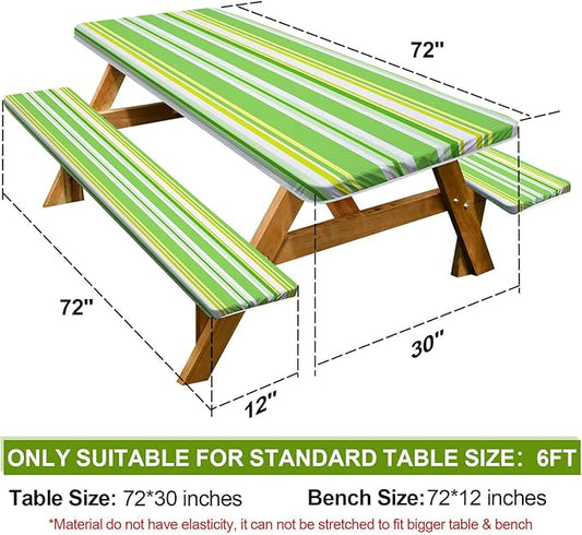 Picnic Table Cover with Bench Covers Camping Essentials Waterproof Windproof Camping Tablecloth with Drawstring Bag, Fitted Rectangle Tables and Seats, 72in, Light Green Stripe